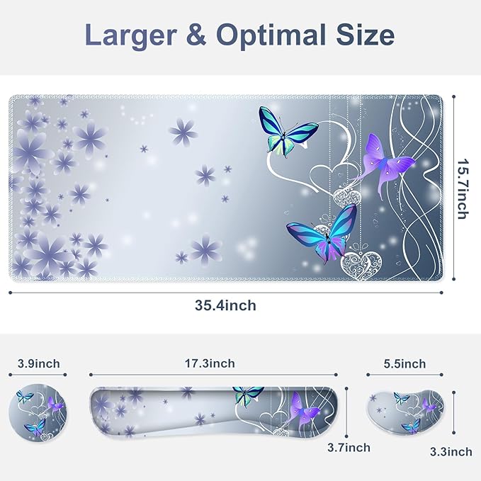 Cute Butterfly Desk Mat, Florals 4 in1 Large Gaming Mouse Pad Set, Ergonomics Keyboard Pad with Memory Foam Wrist Rest, Extended Game Mousepad Non-Slip Desk Protector Matt Easy Typing Pain Relief