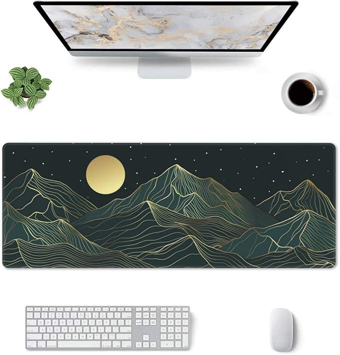 Golden Mountain Line Moon Landscape Gaming Mouse Pad XL Extended Large Mousepad with Nonslip Rubber Base Stitched Edges Laptop Computer Keyboard Desk Mat for Office Home Gamer