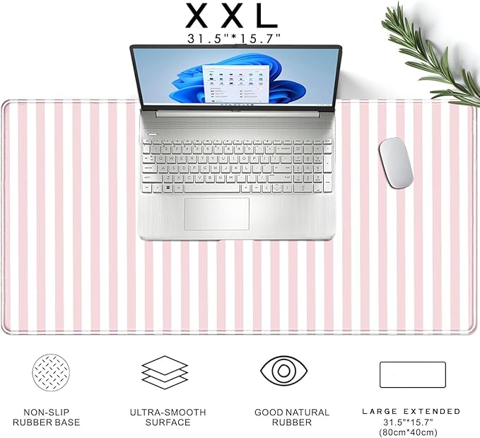 Pink Striped Desk Mat Cute Pastel Large Mouse Pad Kawaii Aesthetic Extended Mat for Home Office Desk Decor for Women Cozy Gaming Keyboard Pad 31.5 X 15.7