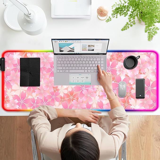 RGB Japanese Cherry Blossom Gaming Desk Mat, Computer Keyboard Large Extended Flowers LED Mouse Pad for Office and Home, 31.5×11.8 Inches, XL, Pink