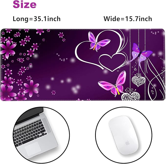 Extended Gaming Mouse Pad XXL ArtSo Large Keyboard Mat Long Mousepad Desk Decor Writing Pad Non Slip Rubber Base Stitched Edges for Work, Game, Office, Home, 35.1" x 15.7", Purple Heart Butterfly