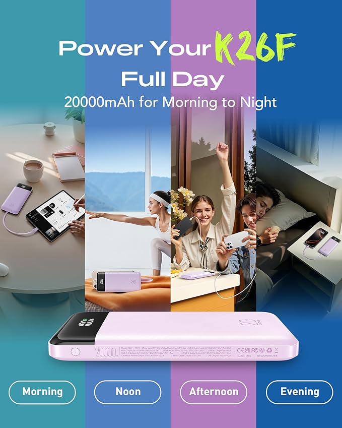 Orfeika 20000mAh Power Bank Fast Charging, Portable Charger with 4 Built-in Cables & 6 Outputs, 20W PD USB C Battery Pack Compatible with iPhone 16/15, Galaxy, Android, iPad & More (Travel Essential)