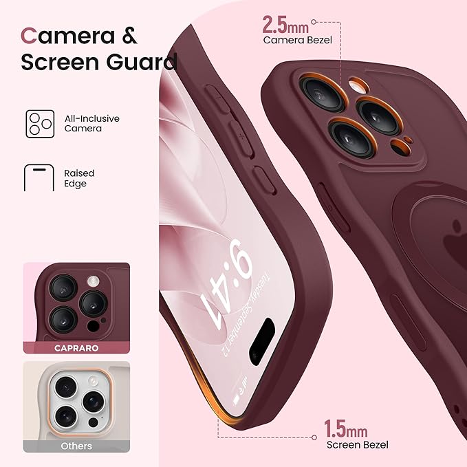 CAPRARO for iPhone 16 Pro Case with 360° Spin Magnetic Stand for Women, [Compatible with MagSafe] [Full Camera Protection] Cute Wave Translucent Matte Case for iPhone 16 Pro, Wine Red