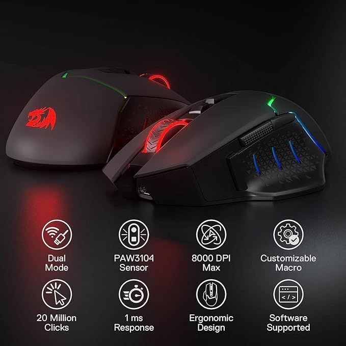 Redragon M690 PRO Wireless Gaming Mouse, 8000 DPI Wired/Wireless Gamer Mouse w/Rapid Fire Key, 8 Macro Buttons, Ergonomic Design for PC/Mac/Laptop
