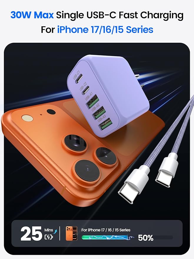 60W USB C Charger Block for iPhone 17 16 15,EIZLXQ 2-Pack USB C Wall Charger with Total 60W Max Output,10FT USB C Cable,Fast Charging Blocks for iPhone 17/16/15 Series,Galaxy,Pixel,iPad-Lavender