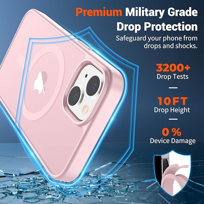 SUPFINE Magnetic for iPhone 14 Case & iPhone 13 Case (Compatible with MagSafe)(Military Grade Drop Protection) Translucent Matte Shockproof Phone Cover,Light Pink