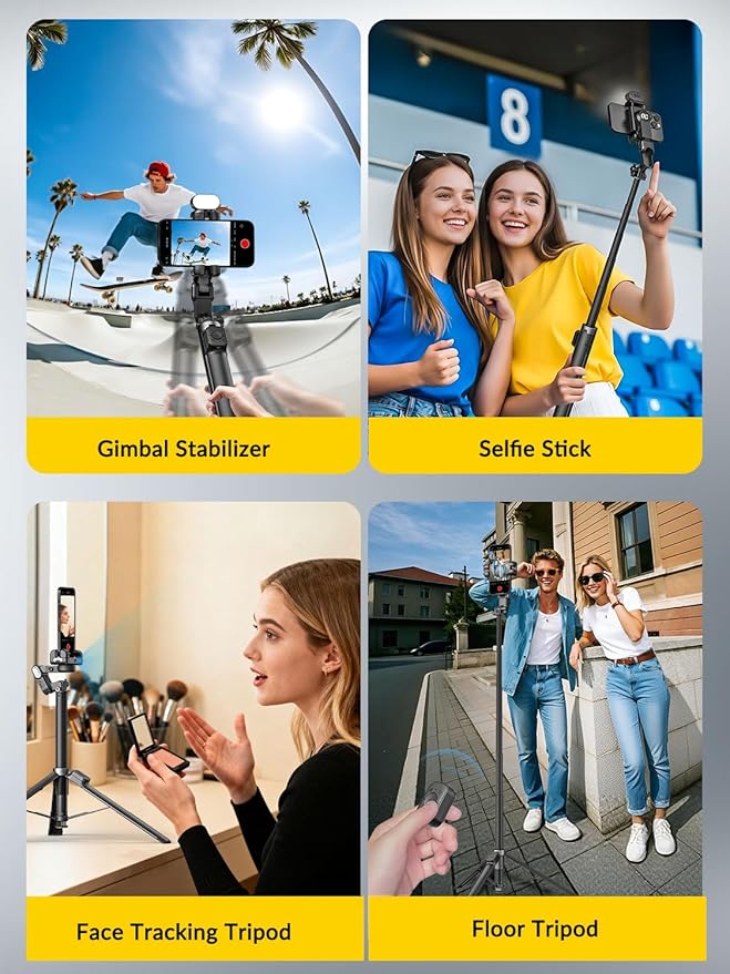 AOCHUAN 70.9” Auto-Open 4-in-1 Smartphone Gimbal Stabilizer for iPhone w/Magnetic Remote,AI Face Tracking Phone Stabilizer(No App Needed), 360°Rotating Gimbal w/RGB Light &Built-in Tripod, M3Pro Black