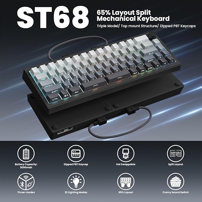 ZORNHER ST68 Ergonomic Split Keyboard,65% Wireless Gaming Keyboard with Knob,65% Black Hot-Swappable Mechanical Keyboards for Win/Mac,Linear Switches,RGB Backlit