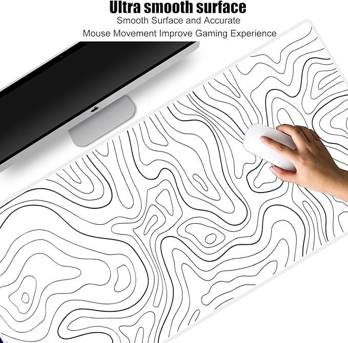 HGWALP Large Gaming Mouse Pad Extended XXL Mouse Mat Long Desk Pad with Stitched Edges for Keyboard Home Office Gaming Work Big Desk Pad (35.4x15.7x0.12IN, 90x40),White Topographic