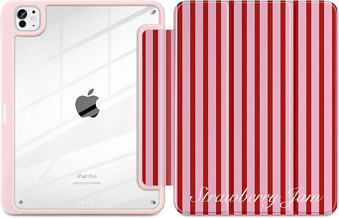 Case for iPad Pro 13 inch (M5) 2025 (M4) 2024 Release Cute Red Pink Striped Trifold Stand Cover with Clear Back Auto Wake Sleep Aesthetic Preppy Design for Girls Women, Stripe