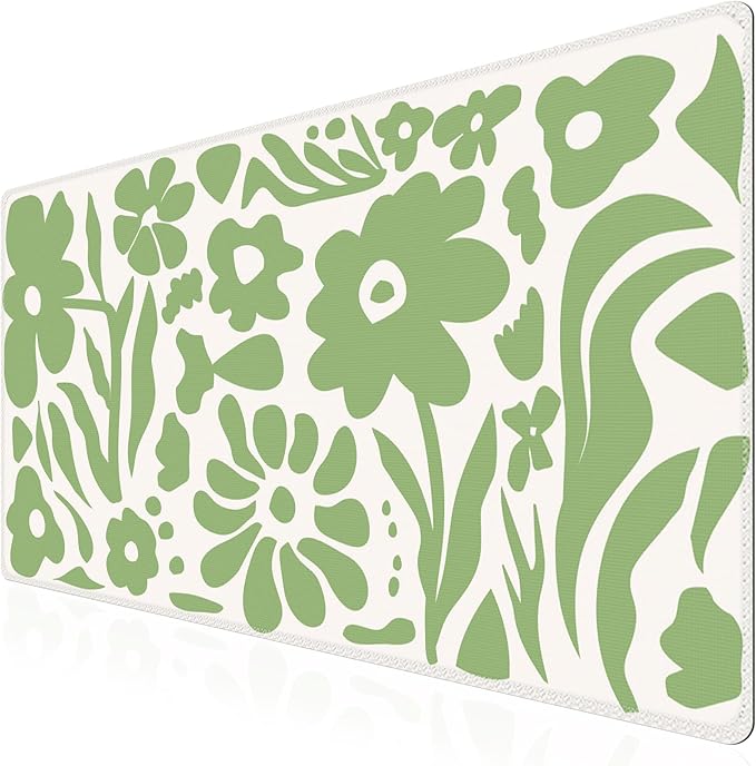 iCasso Desk Mat, XXL Large Anti-Slip Mouse Pad with Stitched Edges, Keyboard Mat for Work, Gaming (Green Flowers)