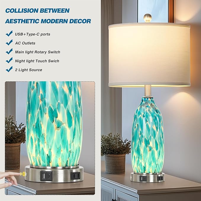 Rinweey 26" Peacock Green Glass Table Lamps Set of 2,Coastal Nautical Bedside Lamps with USB Ports & AC Outlet,Lamparas Elegantes para Cuarto with Night Light for Bedroom Living Room Decoration