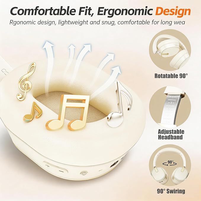 Hybrid Active Noise Cancelling Bluetooth Headphones,Bluetooth 6.0 Over Ear Wireless Headphones with 60H Playtime, Hi-Res Audio, Deep Bass, Memory Foam Ear Cups for Home Office Travel White