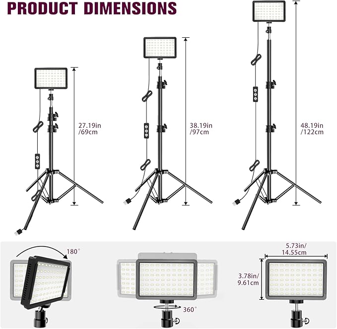 Photography Lighting Kit Dimmable 5600K USB Led Video Studio Streaming Lights with Adjustable Tripod Stand and Color Filters for Table Top/Photo Video Shooting