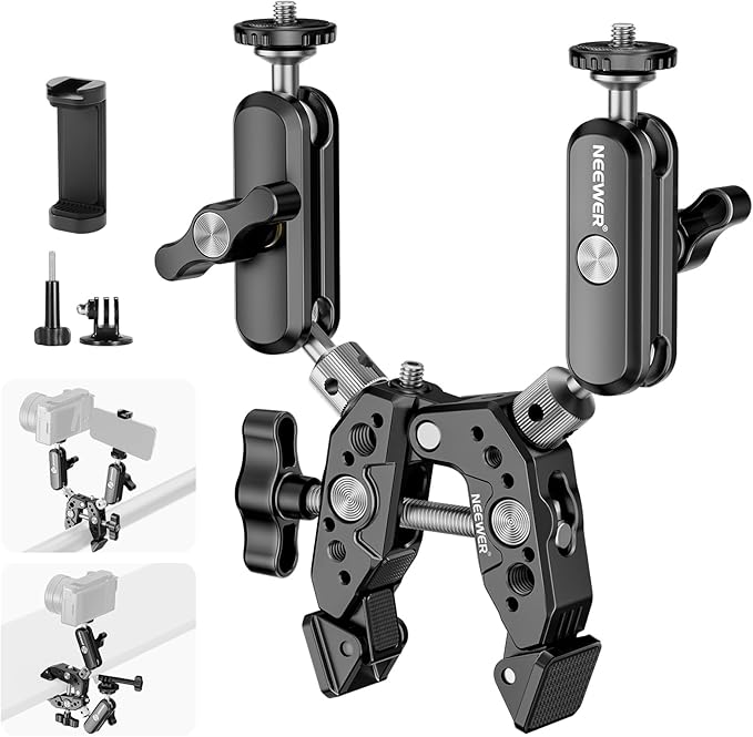 NEEWER Heavy Duty Super Clamp with Two 360° Dual Ball Head Magic Arms, 1/4" 3/8" Screw Threads, Phone & Action Camera Mount Adapter for Flat/Round Surface Compatible with GoPro DJI Insta360 DSLR