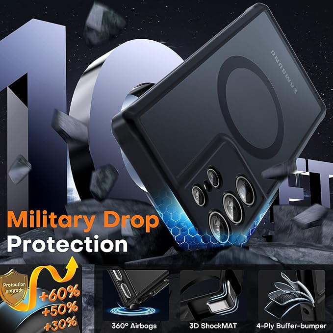 TOCOL for Samsung Galaxy S23 Ultra Case Magnetic, [Full Camera Protection] [Military Drop Protection] Translucent Matte Back Cover for S23 Ultra 6.8", Black