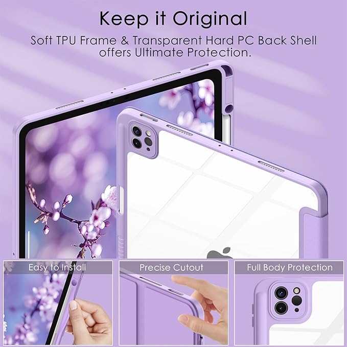 Soke Case for iPad Pro 12.9 Inch (6th/5th/4th/3rd Generation, 2022/2021/2020/2018) - Pencil Holder + Auto Sleep/Wake + Camera Protection, Transparent Shockproof Back Cover, Lavender Purple