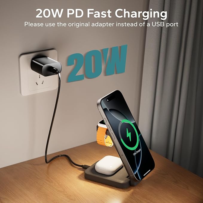 Eazpower 3 in 1 Foldable Wireless Charging Station for MagSafe, Nightstand Magnetic Charger Stand for iPhone 17 16 15 14 Pro Max, Travel Charging Dock with Night Light for Apple Watch/AirPods (Gray)