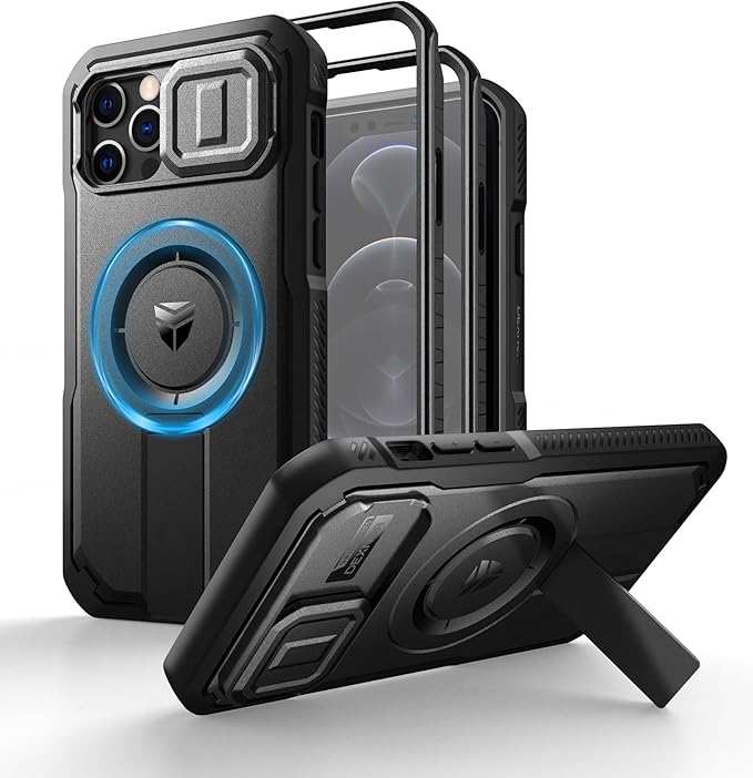 Dexnor for iPhone 12 & iPhone 12 Pro Case with Slide Camera Cover & Adjustable Kickstand & Built-in Screen Protector,Magsafe Rugged Shockproof Bumper Cases Heavy-Duty Magnetic Protective Cover,Black