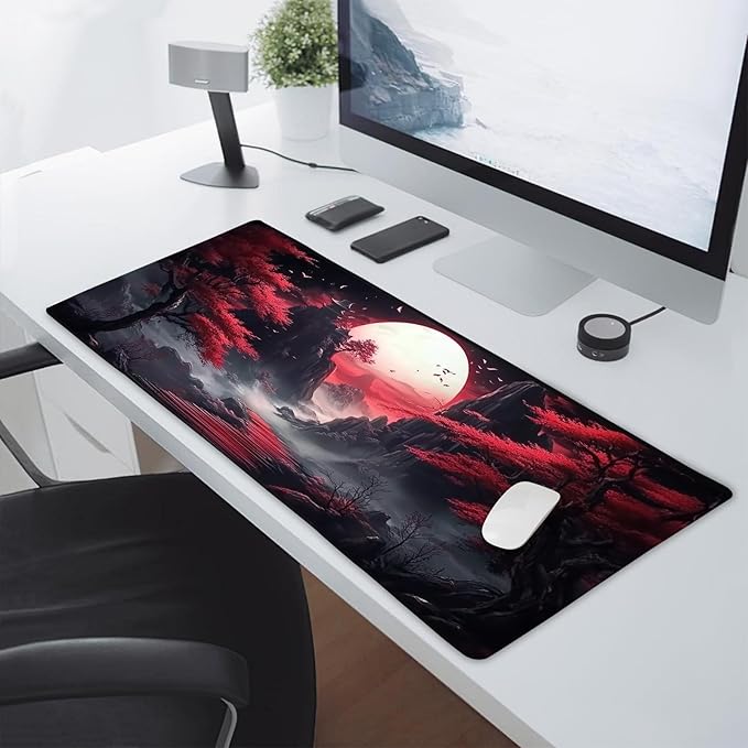 Black Red Japanese Mouse Pad XXL Moon Sakura Cherry BLoosm Tree Extended Table Mat 90X40 cm Non-Slip Rubber Base Stitched Edge Large Mousepad for Gaming Laptop Computer Desk Top 35.4×15.7 Inch