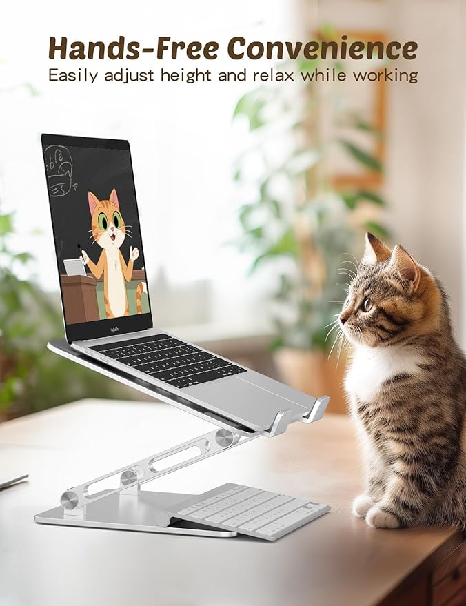 Aoviho Laptop Stand for Desk – Adjustable Aluminum Laptop Riser with Unique Cat-Shaped Cooling Vent, Portable Desk Gift & Decor, Compatible with MacBook Air Pro, Dell, HP, Lenovo (10"-17.3"), Silver
