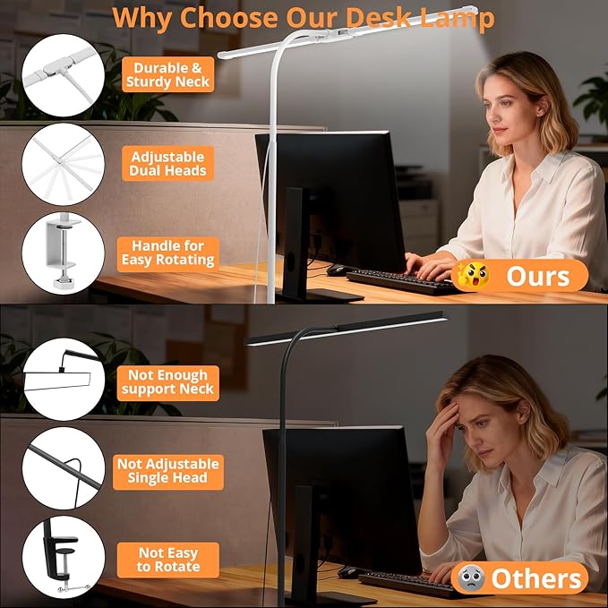 Woputne Desk Lamp with Clamp, with 5V 2A Adapter, LED Desk Lamp with Dual Head, 50 Light Modes, Computer Monitor Flexible Neck Lamp, Eye Protection Desk Lamps for Study, Office, Crafts, Draw(White)