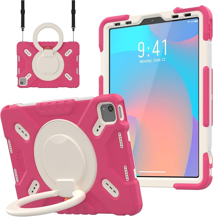 Triple Shockproof Case for iPad Air 5th/4th Generation 10.9 inch 2022/2020 and iPad Pro 11 Case 2022 2021 2020 2018 Gen, Kids Boy Girl Cover with Kickstand & Shoulder Strap (Pink)