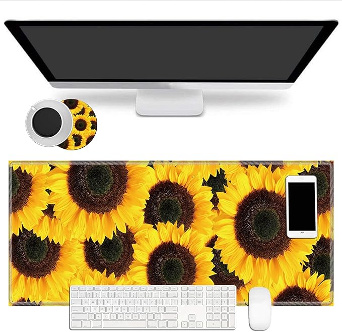 Large Gaming Mouse Pad Non-Slip Keyboard Pad Soft Extended Desk Mat Desktop Writing Pad (31.5"×11.8") with Yellow Sunflower Design for Home & Office + Cup Coaster