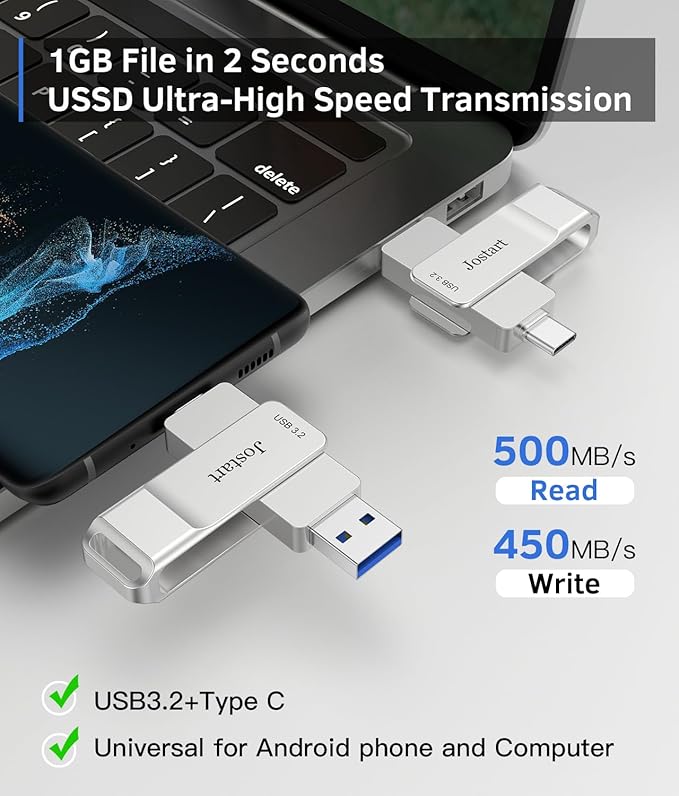 JOSTART USB C Flash Drive128GB, High Speed USB 3.2 Memory Stick, 500MB/s USB C Thumb Drive Photo Stick for iPhone 15 Series/PS4/USB C iPad/OTG Android/Windows/Mac OS/iOS/Linux