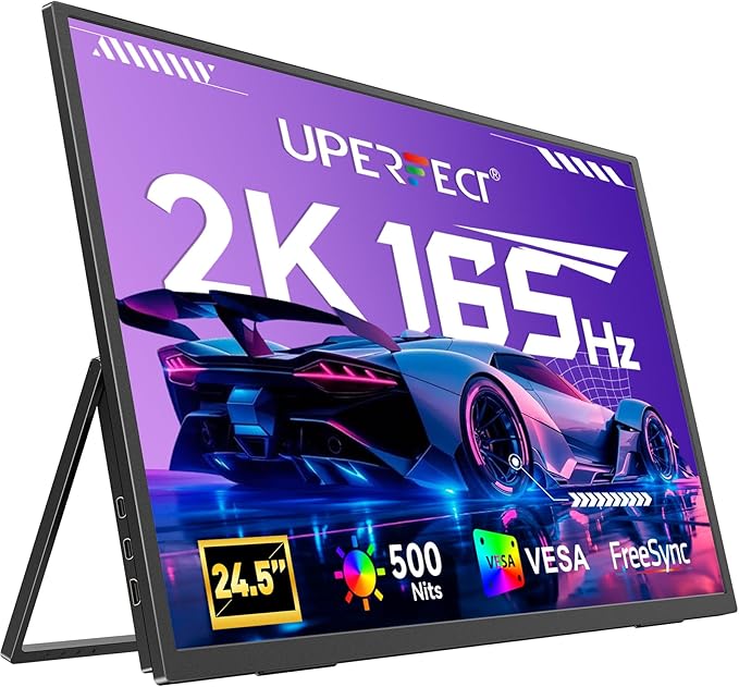 UPERFECT Portable Monitor, 24.5" 2K 165Hz 500Nits 0.1ms FreeSync HDR IPS Gaming Monitor with Stand VESA USB-C Mini HDMI, Large Second Screen for Laptop, Computer, Phone, Mini PC, Game Consoles