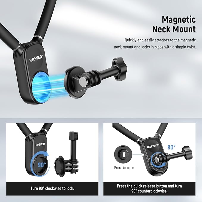 NEEWER Magnetic Neck Mount with Pocket 3 Cage, Flexible Quick Release Action Camera Neck Holder Compatible with Hero 13 12 11 Max DJI Action 5 Pro Insta360 Osmo Pocket 3 Accessory for POV, GP39