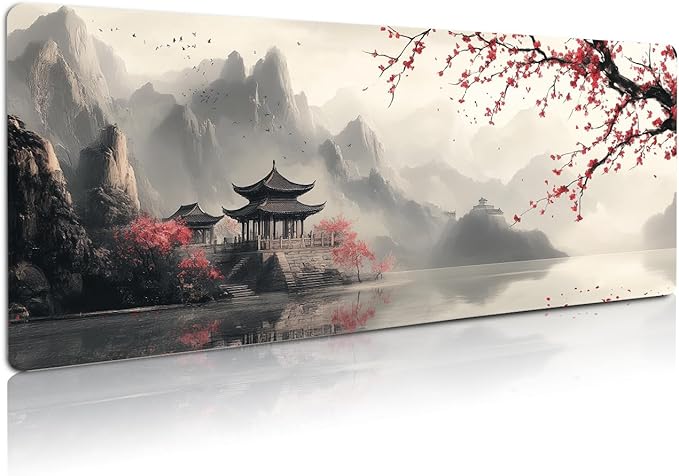 Extended Gaming Mouse Pad, Large Mouse Mat 3 mm Nature Rubber Base Mousepad with Stitched Edges, Non-Slip Desk Mat for Office Home Great Gift 31.5x11.8 Inch (Japanese Watercolor)