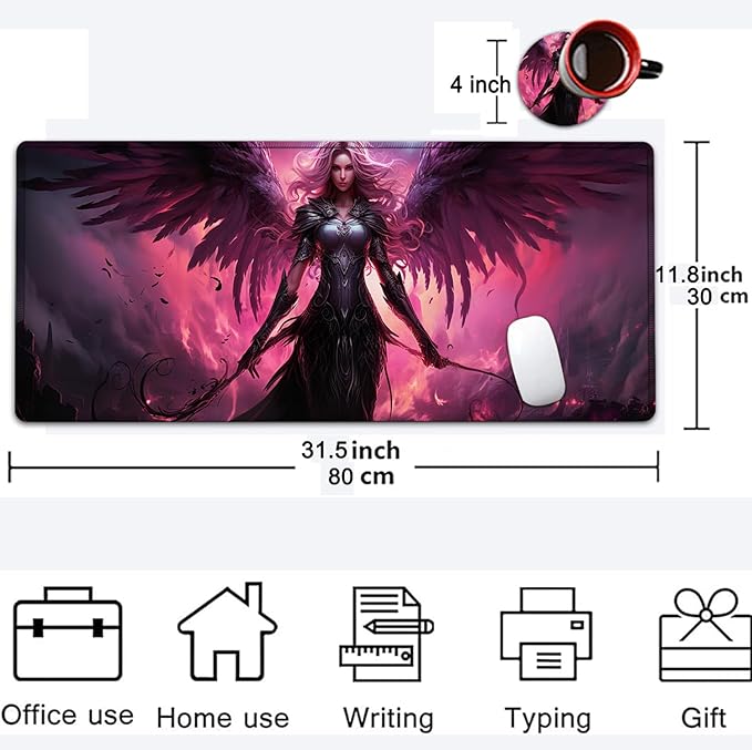 Large Mouse Pad, 31.5 x 11.8in Extended Gaming Mouse Pad with Stitched Edges, XXL Mousepad Protector Non Slip Rubber Base for Office and Home Writing Mat, Anime Warrior Women Pattern Black Desk Mat