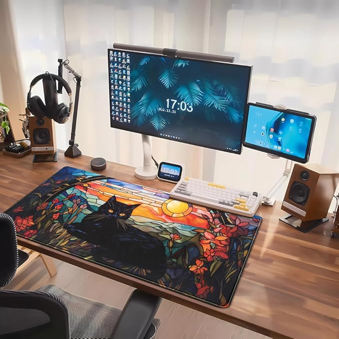 Mechanical Cattle Black Cat Desk Mat Vintage Sunset XXL Large Mouse Pad Laptop Desk Mousepad with Stitched Edges, Keyboard Pad Mouse Mat for Work Game Office Desk Accessories 31.5x15.7 in