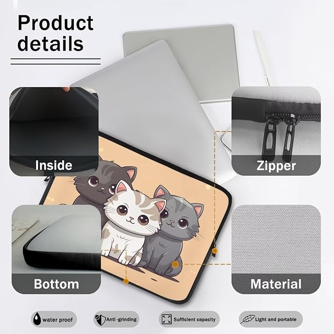 Cute Cat Laptop Sleeve for Women Teen Girls 17 inch Laptop Protector with Multiple Uses Lap Top Case Lightweight Computer Carrying Case Kawaii Tablet Bag for Daughters Brown
