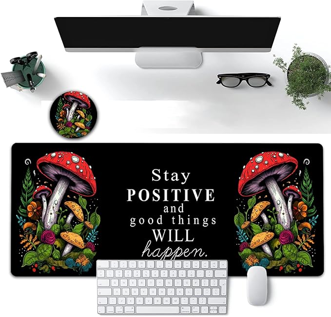 Large Mouse Pad, 31.5 x 11.8in Extended Gaming Mouse Pad with Stitched Edges, XXL Mousepad Protector Non Slip Rubber Base for Office and Home Writing Mat,Red Mushroom Pattern Black Desk Mat