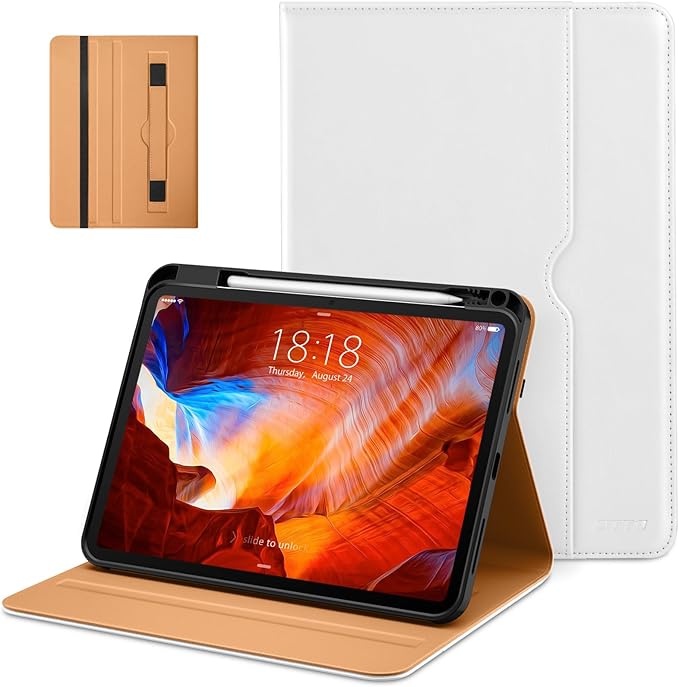 DTTO for iPad Pro 11 inch Case (M5/M4) 2025/2024, Premium Leather Business Folio Stand Cover with Pencil Holder - Auto Wake/Sleep and Multiple Viewing Angles, White