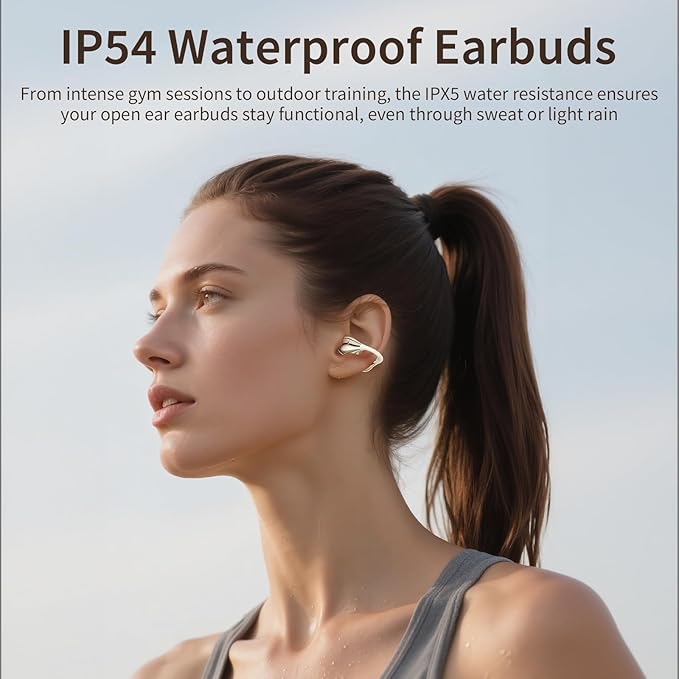 Open Ear Earbuds I5, Bluetooth 6.0 Headphones for Gym & Running, IPX5 Sweatproof, 36H Playtime, Secure Clip-On Fit for Work & Sports (5-Milky White)