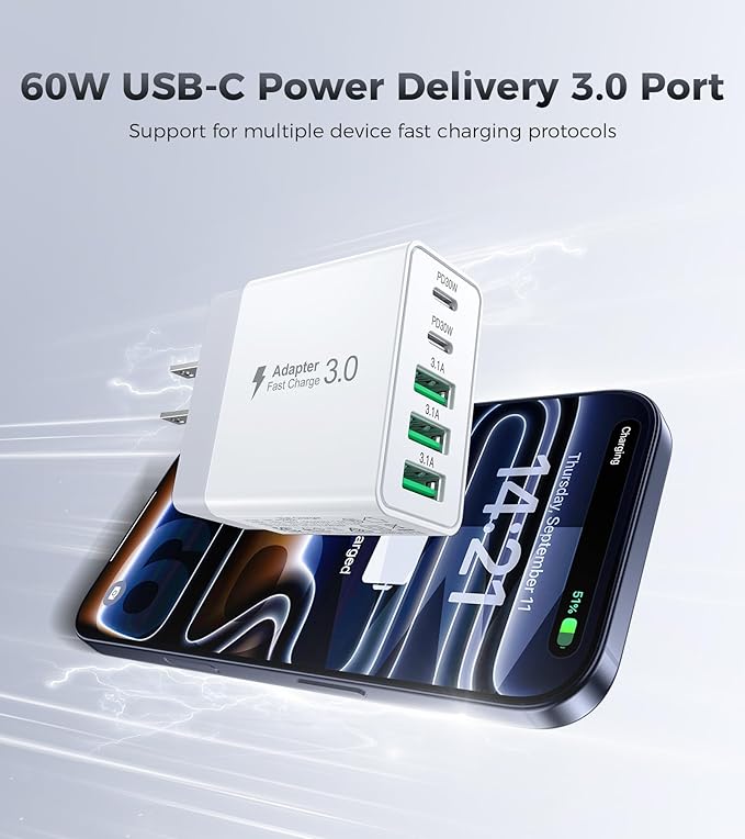 [2-Pack] 60W USB C Wall Charger,5-Port Fast USB C Charging Block 30W Type C Power Adapter,2USB C+3USB A Multiport Charging Cube USB A Wall Plug for iPhone 17/16/15 Pro Max Plus, MacBook,Samsung Galaxy