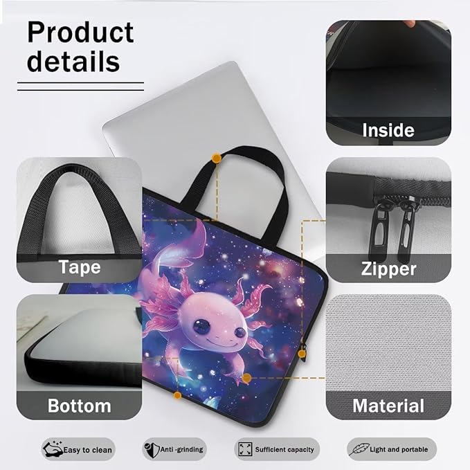 Cute Axolotl 12 Inch Laptop Handle Bag Computer Protect Case Pouch Holder Galaxy Space Notebook Sleeve Neoprene Cover Soft Carring Travel Case for Chromebook Computer Briefcase