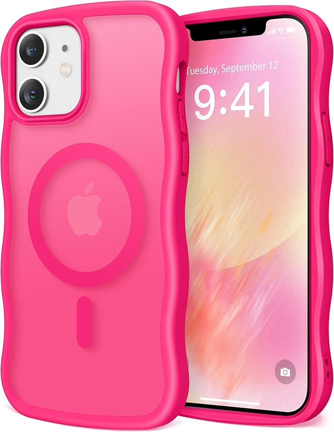 CAPRARO Cute for iPhone 12 Case & iPhone 12 Pro Case, Compatible with MagSafe, [Curly Wave Edge] [Camera Protection] [14 FT Drop Protection] Magnetic for iPhone 12/12 Pro, Hot Pink