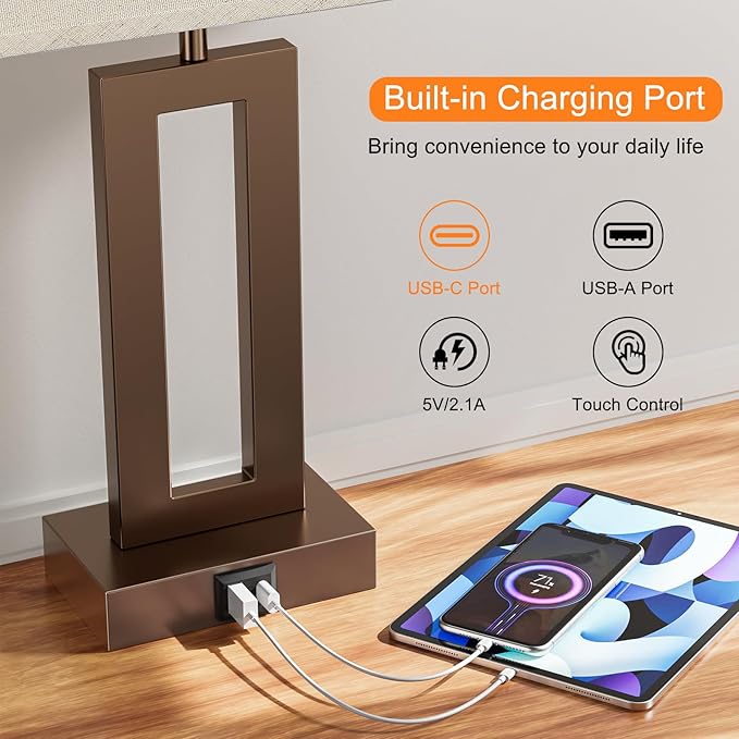 Seealle Bedroom Lamps for Night Stands - Touch Control, 3 Way Dimmable, USB C+A Charging, LED Bulbs, Easy Assembly(Yellow&Brown)
