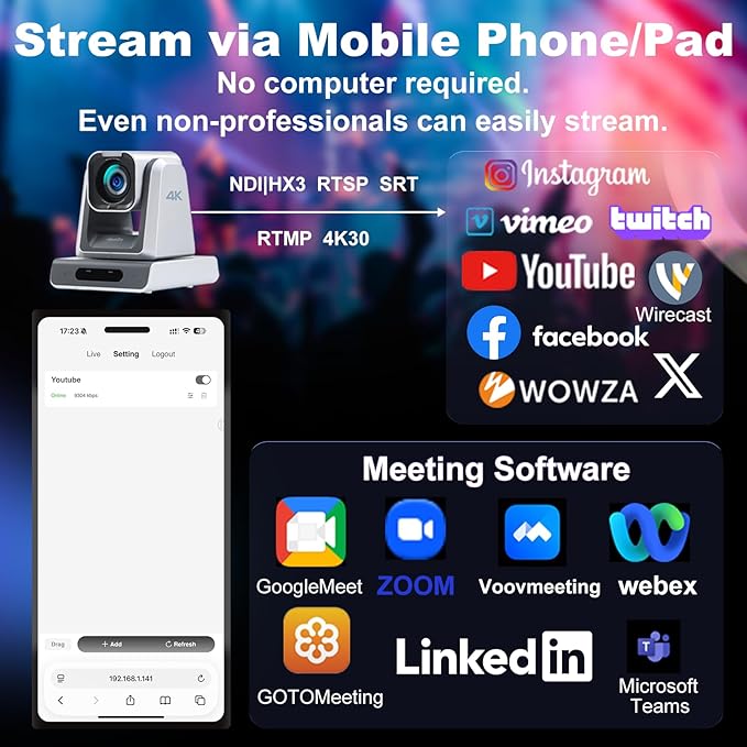 zowietek 4K PTZ Camera, ZowiePTZ, Ergo-Ease Remote Control(No Battery), ZowieX APP Manager, 25X Optical+12X Digital Zoom, SDI/HDMI/USB, RTSP/RTMP(s)/SRT Stream, Meeting, Church, Event, Teaching