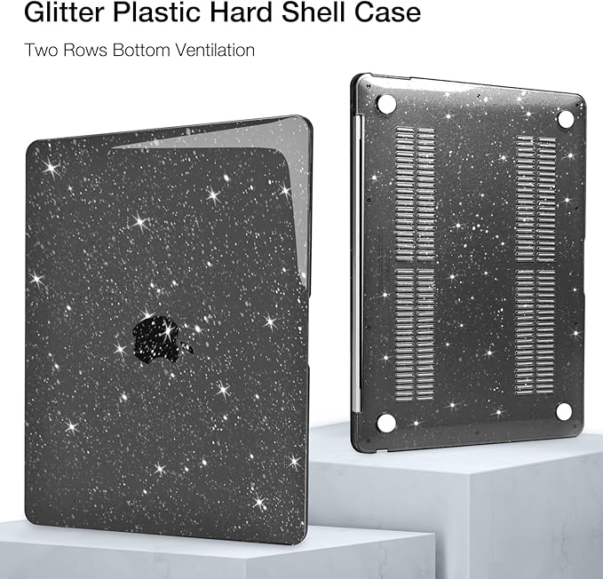 MOSISO Compatible with MacBook Air 15 inch Case M5 2026 M4 2025 M3 2024 M2 2023 A3448 A3241 A3114 A2941, Sparkly Glitter Plastic Hard Shell&Keyboard Cover&Screen Film&Webcam Cover&Type C, Black