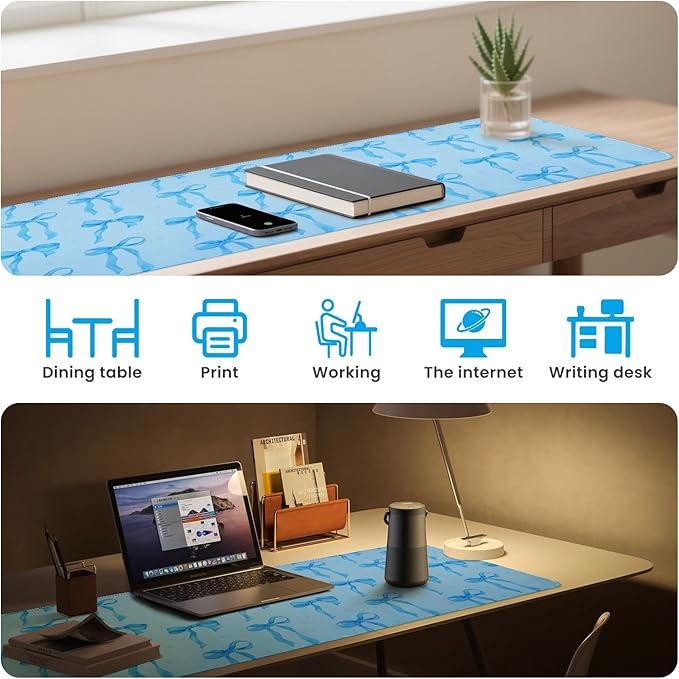 Blue Bows Desk Mat, Large Mouse Pad with Light Blue Background, Girly Computer Mat Keyboard Mat Cute Blue Office Pad for Desktop, Non-Slip Rubber Base, Stitched Edge Laptop Pad for Girls 31.5 x 11.8in