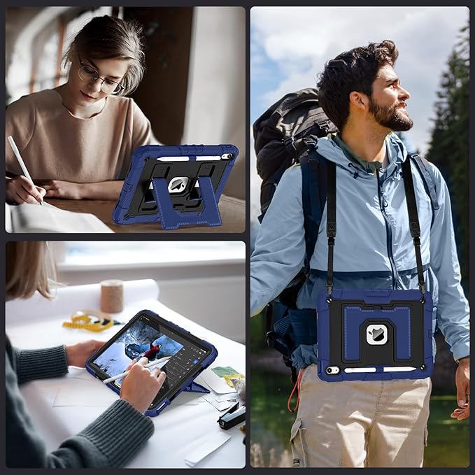 for iPad (A16) 11th 11 Inch/10th Generation 10.9 Inch 2025/2022 iPad Case 10th Generation with Shoulder Strap/Pencil Holder,Shockproof Cover for i Pad 11th/10th,Navy Black