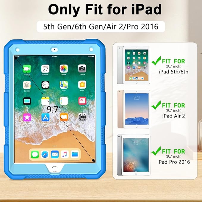 MENZO Shockproof Case for iPad 5th Gen/6th Gen/Air 2/Pro 9.7-inch with 360° Swivel Stand, Pencil Holder, Detachable Hand and Shoulder Strap, Blue+Baby Blue