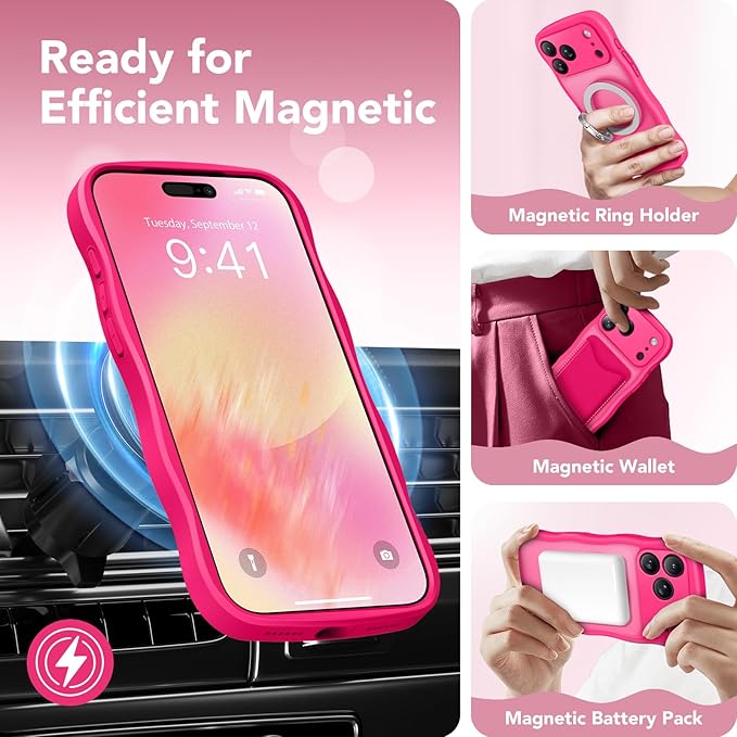 CAPRARO Magnetic for iPhone 17 Pro Case for Women Girls, Upgraded [Full Camera Protection] [Compatible with MagSafe] Cute Wave Translucent Matte Phone Case for iPhone 17 Pro, Hot Pink