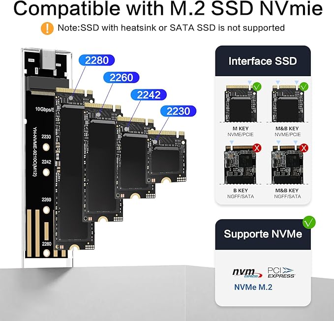M.2 NVMe SSD Enclosure, High-Speed to USB Enclosure with USB 3.2 Gen 2 10Gbps, Compatibility for NVMe SSD M-Key/(B+M) Key, for 2230/2242/2260/2280 SSDs with C-C to A Cable
