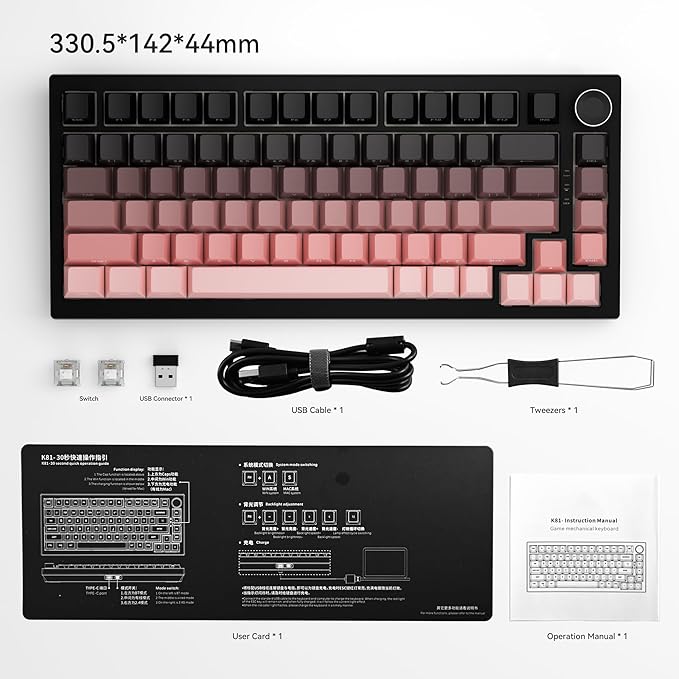 Gurjot Wireless Mechanical Keyboard,75% Hot Swappable Keyboard with Knob,8000mAH Battery RGB Backlit,Side Printed PBT Keycaps,2.4GHz/USB-C/BT5.0 Mechanical Gaming Keyboards, Black&Pink